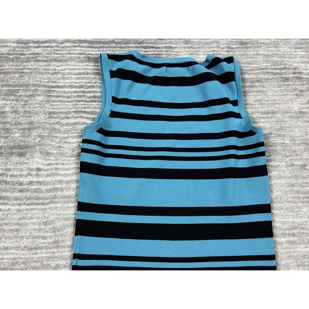 Vintage Worthington Top Womens Medium Blue Black Striped V-Neck Sleeveless‎
